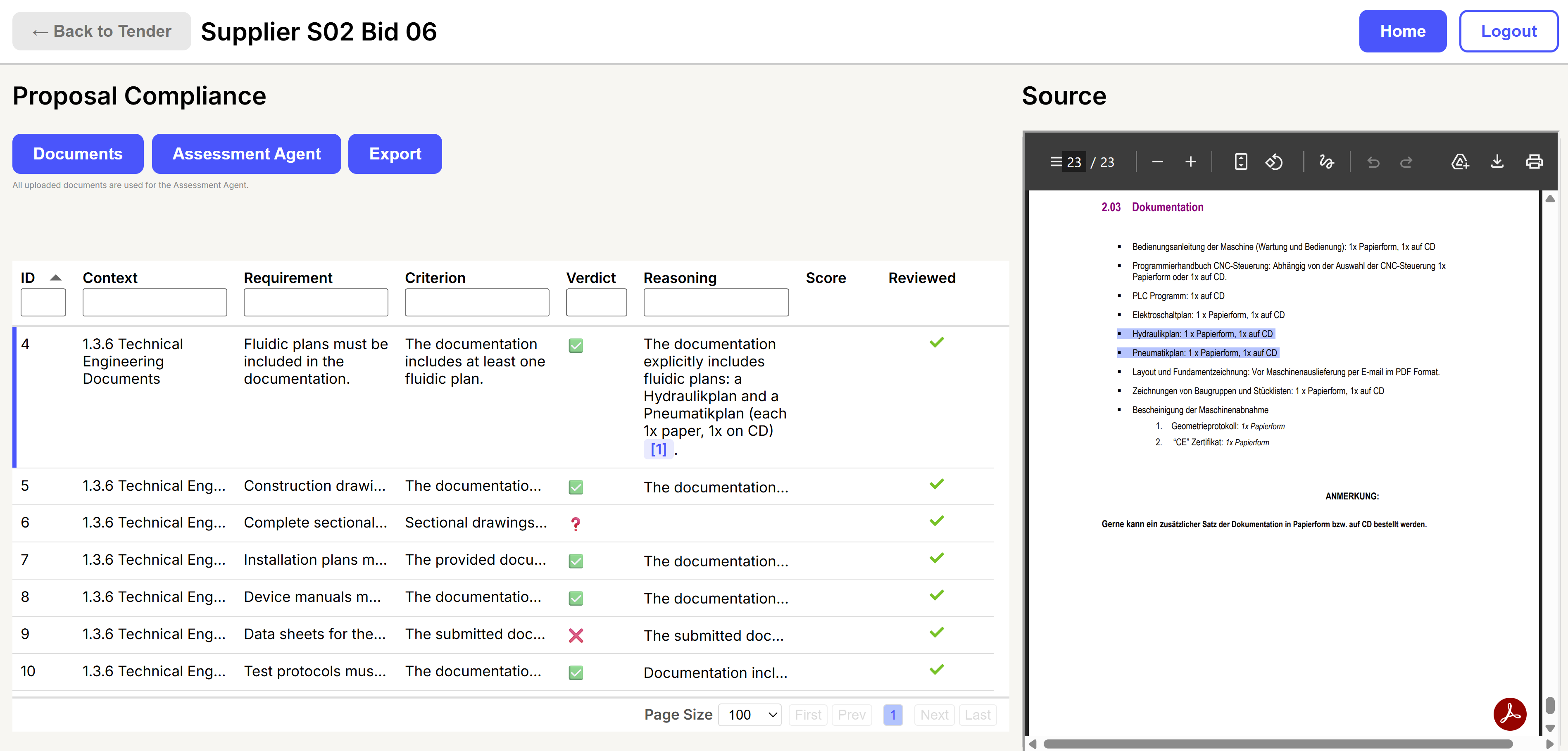 Perspix.ai Proposal Compliance view — every requirement scored against the source document, with the matching passage highlighted in the bid PDF on the right.
